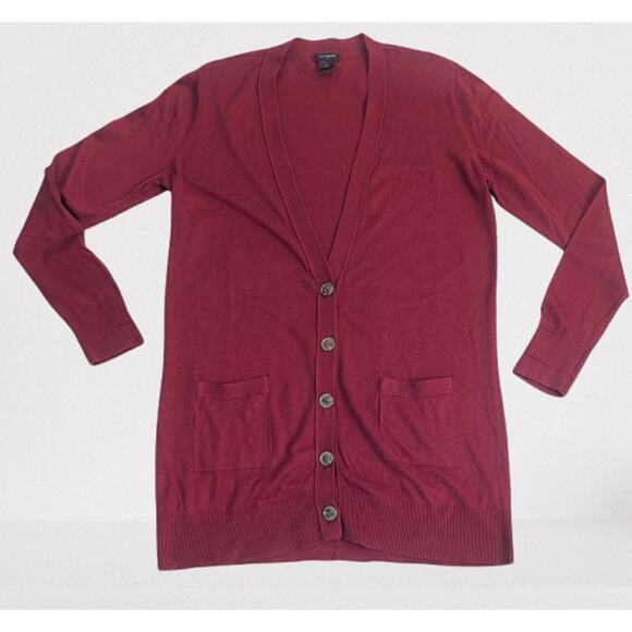 ANN TAYLOR Womens Long Sleeve Maroon V-Neck Button Closure Long Cardigan MEDIUM - Picture 1 of 4